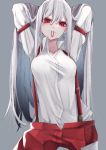  1girl armband arms_behind_head arms_up bangs breasts closed_mouth collarbone collared_shirt contrapposto cowboy_shot duplicate expressionless eyebrows_visible_through_hair fall_dommmmmer fujiwara_no_mokou grey_background hair_between_eyes hands_in_hair highres juliet_sleeves long_hair long_sleeves looking_at_viewer medium_breasts mouth_hold pants puffy_sleeves red_eyes red_pants shirt simple_background solo standing straight_hair suspenders touhou very_long_hair white_hair white_shirt 