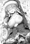 1boy 1girl bangs bar_censor blazer blush breasts breasts_outside censored chacharan christmas cowgirl_position eyebrows_visible_through_hair fate/grand_order fate_(series) florence_nightingale_(fate/grand_order) girl_on_top greyscale hat hetero highres jacket large_breasts long_hair monochrome motion_lines nipples one_eye_closed open_mouth penis saliva santa_hat sex solo_focus speech_bubble straddling translation_request vaginal 