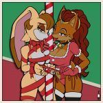  1:1 absurd_res alicia_acorn anthro archie_comics ardan_norgate big_breasts blush bodily_fluids border breasts candy chipmunk christmas christmas_clothing clothing dessert duo english_text female female/female food genitals ground_squirrel hi_res holidays lagomorph leporid looking_at_viewer mammal mature_female navel nipples open_mouth rabbit ribbons rodent saliva sciurid sonic_the_hedgehog_(archie) sonic_the_hedgehog_(comics) sonic_the_hedgehog_(series) text tongue tongue_out vanilla_the_rabbit yellow_border 