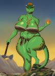  absurd_res anthro argonian axe bethesda_softworks big_breasts breasts cleavage clothed clothing female goldcrustedchicken hi_res huge_breasts jewelry licking licking_lips licking_own_lips melee_weapon necklace scalie self_lick solo the_elder_scrolls thick_thighs tongue tongue_out video_games weapon 