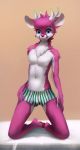  anthro antlers bare_chest blue_eyes boxers_(clothing) cervid chest_tuft clothed clothing full-length_portrait fur green_clothing green_underwear hair hand_on_hip hi_res horn kneeling looking_at_viewer male mammal navel neck_tuft pink_body pink_fur pink_hair pink_nose portrait saneaz short_hair simple_background solo topless tuft underwear underwear_only white_body white_clothing white_fur white_underwear 