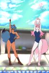  4322chan anthro arms_above_head blue_eyes blue_hair brand_new_animal breasts canid canine cleavage clothed clothing dipstick_ears dipstick_tail duo female fox gloves_(marking) hair hand_on_hip hi_res leg_markings looking_at_viewer mammal markings michiru_kagemori multicolored_ears multicolored_tail nazuna_hiwatashi one-piece_swimsuit open_mouth patreon pink_hair raccoon_dog red_eyes smile socks_(marking) standing stretching studio_trigger swimwear tanuki tight_clothing 