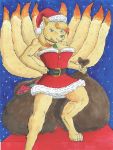  anthro anthrpomorphic bag bottomwear christmas christmas2020 christmas_clothing clothing corset_dress female fur gift happy hi_res holidays miniskirt ninetales nintendo pok&eacute;mon pok&eacute;mon_(species) pok&eacute;morph sacs skirt smiling_at_viewer snow solo unknown_artist video_games yellow_body yellow_fur 