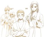  2boys 2girls ahoge alternate_costume alternate_hairstyle bangs blush breasts cleavage collarbone commentary_request crossed_arms eyewear_removed freckles hinata_hajime holding holding_eyewear japanese_clothes kimono kuzuryuu_fuyuhiko long_hair long_sleeves monochrome multiple_boys multiple_girls nanami_chiaki open_mouth pekoyama_peko pekupe_(p_krr) scar scar_across_eye short_hair simple_background smile towel towel_around_neck translation_request upper_body very_short_hair white_background yukata 