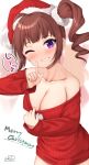  1girl ;d artist_name bare_shoulders binsen blurry blurry_background blush breasts brown_hair christmas cleavage clothes_pull collarbone commentary_request drill_hair eyebrows_visible_through_hair finger_to_mouth fur-trimmed_headwear grin hair_ornament hair_scrunchie hand_up hat highres idolmaster idolmaster_million_live! index_finger_raised large_breasts long_sleeves looking_at_viewer merry_christmas musical_note off-shoulder_sweater off_shoulder one_eye_closed open_mouth purple_eyes red_headwear red_sweater ribbed_sweater santa_hat scrunchie short_hair shushing side_ponytail sidelocks signature sleeves_past_wrists smile solo_focus speech_bubble spoken_musical_note standing sweater sweater_pull white_background white_scrunchie yokoyama_nao 