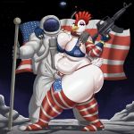  1:1 5_fingers absurd_res anthro armwear assault_rifle astronaut avian beak big_breasts bird breasts bulge chicken cleavage clothed clothing curvy_figure elbow_gloves female fingers galliform gallus_(genus) gloves goldcrustedchicken gun handwear hi_res holding_gun holding_object holding_weapon huge_breasts looking_at_viewer m16 male male/female marsa mature_female overweight overweight_anthro overweight_female phasianid ranged_weapon rifle squish thick_thighs thigh_squish us_flag voluptuous weapon 