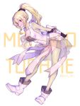  1girl black_gloves black_hairband blonde_hair boots clothing_cutout eyebrows_visible_through_hair gloves hairband highres long_hair long_sleeves magia_record:_mahou_shoujo_madoka_magica_gaiden magical_girl mahou_shoujo_madoka_magica midriff_cutout navel paru_rari ponytail romaji_text smile soul_gem thigh_cutout white_background white_footwear 