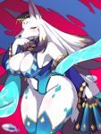  3:4 anthro big_breasts breasts canid canine cleavage clothed clothing daji_(full_bokko_heroes) female full_bokko_heroes_x fullbokko_heroes fur hi_res kemono mammal plantigrade solo takeshi_kemo white_body white_fur wide_hips 