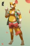  anthro canid canine canis clothing dante_mutt_(character) domestic_dog exposed_belly falling_petals floppy_ears fur heterochromia hi_res male mammal pattern_clothing paws slight_bulge slightly_chubby solo swimwear toxicshibardin 
