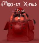  anthro areola big_breasts blue_eyes bovid bovine breasts breath brown_body brown_fur brown_hair christmas christmas_clothing christmas_headwear clothing european_mythology female fur greek_mythology hair hat headgear headwear hi_res holidays horn horn_ring huff in_box in_container jewelry mammal meandraco minotaur mythology necklace nihea_avarta santa_hat simple_background solo tail_tuft text tuft 