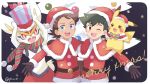 2boys :d ;d ash_ketchum bangs belt blue_eyes box brown_eyes brown_gloves brown_hair capelet christmas cinderace commentary_request eyelashes fur-trimmed_capelet fur_trim gen_1_pokemon gen_8_pokemon gift gift_box gloves goh_(pokemon) hat hatted_pokemon holding looking_at_viewer male_focus mei_(maysroom) merry_christmas multiple_boys one_eye_closed open_mouth pikachu pokemon pokemon_(anime) pokemon_(creature) pokemon_swsh_(anime) red_capelet red_headwear santa_hat scarf smile teeth tongue 