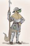  ambiguous_gender anthro armor chainmail clothing dragonborn female_(lore) furgonomics headgear helmet hi_res melee_weapon plantigrade plate_armor polearm scalie solo standing tail_clothing tamlin123 weapon 