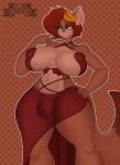 absurd_res adma228 anthro areola big_breasts breasts brown_hair bulge clothed clothing gynomorph hair hand_on_hip hi_res huge_breasts intersex mammal nipple_outline plantigrade solo wide_hips 