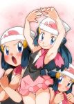  1girl beanie blue_eyes blue_hair blush breasts closed_mouth dawn_(pokemon) hainchu hair_ornament hat long_hair looking_at_viewer midriff multiple_views official_style open_mouth panties pokemon pokemon_(anime) pokemon_dppt_(anime) scarf skirt small_breasts smile solo underwear 