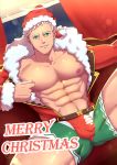  1boy abs absurdres ass_visible_through_thighs bara bare_pecs bulge character_request christmas fur-trimmed_jacket fur_trim green_eyes green_shorts gyee halo hat highres jacket looking_at_viewer male_focus merry_christmas minghecanyue muscular muscular_male navel nipple_tweak nipples open_clothes open_jacket pectorals red_male_underwear santa_costume santa_hat self_fondle short_hair shorts solo spread_legs stomach thick_thighs thighs white_hair 