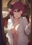  blush breasts buttons center_frills cleavage collarbone commentary_request dragon_girl dragon_horns dragon_tail frilled_shirt frills granblue_fantasy grea_(shingeki_no_bahamut) groin head_tilt highres hinami_(hinatamizu) horns indoors large_breasts long_sleeves looking_at_viewer naked_shirt navel no_bra no_panties one_eye_closed open_clothes open_mouth open_shirt pointy_ears purple_hair red_eyes red_wings shingeki_no_bahamut shirt short_hair tail unbuttoned unbuttoned_shirt wings 