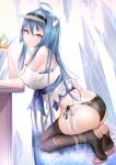  +_+ 1girl absurdres ahoge ass azur_lane bare_shoulders bikini bikini_bottom black_bikini black_legwear blue_hair crop_top cup from_side grey_legwear helena_(azur_lane) highres holding holding_cup kayjae long_hair looking_at_viewer looking_to_the_side no_pants off_shoulder parted_lips pink_eyes shirt side-tie_bikini solo string_bikini swimsuit symbol-shaped_pupils thighhighs thighs toeless_legwear torn_clothes torn_legwear very_long_hair visor_cap white_shirt 