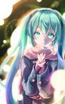  1girl akino_coto aqua_eyes aqua_hair blue_jacket blurry bokeh christmas commentary depth_of_field english_commentary hair_ornament hands_together hatsune_miku jacket light_blush light_smile lips long_hair looking_at_viewer red_scarf scarf sidelighting solo twintails upper_body very_long_hair visible_air vocaloid 