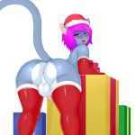  1:1 absurd_res anthro anus balls big_butt blue_body blue_eyes blush bottomwear butt butt_focus christmas christmas_clothing christmas_headwear clothed clothing crossdressing fluffy genitals gift girly hair hat headgear headwear hi_res holidays legwear looking_at_viewer looking_back male mostly_nude pink_hair pizzakittynyan presenting presenting_anus presenting_hindquarters rear_view sammy_darkeye santa_hat solo stockings thick_thighs thigh_highs tuft wide_hips 
