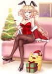  1girl absurdres akai_haato animal_ears aqua_eyes bangs black_footwear black_legwear black_ribbon blonde_hair breasts bunny_ears bunny_tail christmas_tree cleavage commentary_request couch cup detached_collar drinking_glass full_body high_heels highres hololive huge_filesize leotard long_hair medium_breasts neck_ribbon otogi39 pantyhose pig playboy_bunny red_leotard ribbon sitting smile strapless strapless_leotard tail tray two_side_up very_long_hair virtual_youtuber window wine_glass wrist_cuffs 