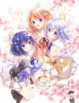  3girls :d :o bangs black_legwear blue_eyes blue_hair blunt_bangs blush brown_footwear bunny cat cherry_blossoms commentary_request cup flower fuiba_fuyu gochuumon_wa_usagi_desu_ka? hair_ornament hairclip highres holding_hands hoto_cocoa hoto_cocoa&#039;s_school_uniform interlocked_fingers kafuu_chino koi_(koisan) long_sleeves looking_at_viewer looking_away mary_janes multiple_girls official_art open_mouth orange_hair pleated_skirt purple_eyes school_uniform shoes short_hair skirt smile socks tea teacup thighhighs white_legwear white_skirt x_hair_ornament 