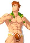  1boy abs alex_(stardew_valley) american_football american_football_uniform bara brown_hair bulge cowboy_shot green_eyes highres inunekostudio looking_up male_focus muscular muscular_male navel nipples pectorals shirt_removed short_hair solo sportswear stardew_valley thighs underwear underwear_only white_background 