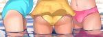  3girls absurdres ass bikini bikini_bottom blue_swimsuit close-up commentary_request groin highres jishimaru multiple_girls navel one-piece_swimsuit one-piece_tan original outdoors pink_bikini standing swimsuit tan tanline thighs wading water water_drop wet yellow_swimsuit 