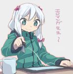  1girl aqua_eyes bangs bow closed_mouth coffee_mug commentary_request cup desk drawing drawing_tablet eromanga_sensei green_jacket hair_bow holding holding_stylus izumi_sagiri jacket juraki_hakuaki long_hair long_sleeves looking_down low-tied_long_hair motion_lines mug pink_bow silver_hair smile solo stylus tablet_pc translation_request white_hair zipper_pull_tab 