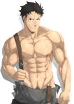  1boy abs akitaru_oubi bara black_hair brown_eyes bulge en&#039;en_no_shouboutai highres inunekostudio leather looking_at_viewer male_focus male_pubic_hair muscular muscular_male navel navel_hair nipples pectorals pubic_hair shirtless short_hair smile solo suspenders undercut veins white_background 