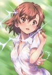  1girl absurdres biribiri blush brown_eyes brown_hair coin electricity hair_ornament hairpin highres huge_filesize looking_at_viewer misaka_mikoto navel open_mouth raika9 school_uniform see-through shirt short_hair solo spiked_hair sweater_vest to_aru_kagaku_no_railgun to_aru_majutsu_no_index wet wet_clothes wet_shirt 