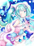  1girl akino_coto aqua_eyes aqua_hair bare_shoulders bell bow commentary dress dress_bow fur-trimmed_dress fur-trimmed_headwear fur-trimmed_sleeves fur_trim hair_ornament hatsune_miku headphones holding holding_bell long_hair looking_at_viewer magical_mirai_(vocaloid) one_eye_closed twintails upper_body very_long_hair vocaloid 