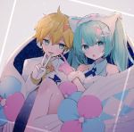  1boy 1girl aqua_eyes aqua_hair bare_shoulders blonde_hair blue_legwear commentary dress ebi_(yzpiyo039) formal fur-trimmed_dress fur-trimmed_gloves fur-trimmed_headwear fur_trim gloves hair_ornament hatsune_miku headphones headset index_finger_raised kagamine_len long_hair looking_at_viewer magical_mirai_(vocaloid) open_mouth single_thighhigh sitting smile spiked_hair suit thighhighs twintails v vocaloid white_suit 