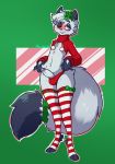  &diams; 2020 anthro balls black_body black_fur black_markings blush bow_(disambiguation) bulge canid canine clothing digital_media_(artwork) dipstick_ears dipstick_tail dust_(mewgle) erection eyebrows festive fluffy fluffy_tail fox fur genitals girly green_background grey_body grey_fur grey_hair hair hi_res holidays humanoid_genitalia humanoid_penis legwear lips makeup male mammal markings mascara mewgle multicolored_ears multicolored_tail nonbinary_(lore) one_eye_closed pattern_clothing paws penis purple_eyes purple_nose red_clothing red_lips se short_hair signature simple_background solo standing stockings striped_clothing stripes suit_symbol sweater topwear underwear white_clothing wink 
