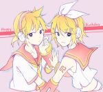  1boy 1girl black_eyes blonde_hair bow breasts brother_and_sister detached_sleeves hair_bow hair_ornament hairclip happy_birthday headphones headset kagamine_len kagamine_len_(vocaloid4) kagamine_rin kagamine_rin_(vocaloid4) limited_palette looking_at_viewer midriff moa_(fade64222) number_tattoo sailor_collar shirt shorts shoulder_tattoo siblings sketch sleeveless sleeveless_shirt small_breasts tattoo treble_clef twins upper_body vocaloid 