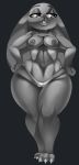  anthro big_breasts breasts canid canine claws cleavage clothed clothing disney female fur grey_background half-closed_eyes hand_on_hip hi_res isolatedartest judy_hopps lagomorph leporid mammal monochrome narrowed_eyes nipples partially_clothed rabbit simple_background small_breasts solo standing teeth thick_thighs tongue topless wide_hips zootopia 
