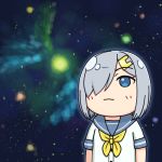  1girl blue_eyes blue_sailor_collar commentary_request galaxy hair_ornament hair_over_one_eye hairclip hamakaze_(kantai_collection) hamatsu! kantai_collection no_nose parody sailor_collar school_uniform serafuku short_hair silver_hair solo space space_cat_(meme) star_(sky) upper_body 