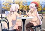 2girls arm_rest autumn azur_lane bandaid bandaids_on_nipples bangs bare_shoulders belfast_(azur_lane) belfast_(shopping_with_the_head_maid)_(azur_lane) beret black_legwear blush boots breasts brown_footwear brown_sweater bubble_tea building cameo chair collarbone covered_nipples crossed_legs day drinking_straw earrings exhibitionism eyebrows_visible_through_hair food fruit grey_sweater hair_between_eyes hand_on_own_cheek hand_on_own_face hat hoop_earrings jewelry knee_boots large_breasts long_hair looking_at_viewer meme_attire multiple_girls nipples pasties photo_background ppshex red_headwear short_hair sidelocks silver_hair sirius_(azur_lane) sitting smile strawberry sweater table thighhighs virgin_killer_sweater whipped_cream white_hair 