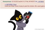  4chan anthro clothed clothing domestic_cat felid feline felis female general_proton google google_doodle holding_object john_rambo looking_at_object magic_cat_academy mammal momo_(google) narrowed_eyes peeling rambo requested robe solo squint sticker video_game_character video_games 