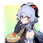  1girl ^^^ ahoge black_gloves blue_hair blush border cake commentary elbow_gloves finger_licking food ganyu_(genshin_impact) genshin_impact gloves gradient gradient_background gradient_hair green_background highres holding holding_cake holding_food horns licking looking_at_viewer multicolored_hair purple_hair red_eyes solo ssambatea sweat upper_body white_border 