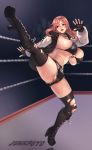  absurdres banned_artist bikini boots breasts dead_or_alive full_body gloves hair_ornament high_heel_boots high_heels high_kick highres honoka_(doa) jumpsuit junkpuyo kicking large_breasts navel pants pink_hair shorts spread_legs swimsuit thighhighs torn_clothes torn_legwear 