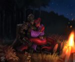  2020 anthro armor belt biped bottomless campfire clothed clothing curved_horn digital_media_(artwork) duo ethrk female forest hi_res horn hug human knight kobold magic_user male mammal night plant purple_robe red_body red_eyes red_horn red_skin romantic_ambiance romantic_couple scalie sitting sky tree warrior 