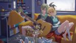  2girls acoustic_guitar aqua_shirt bag bandaged_arm bandaged_leg bandages black_bow black_jacket blonde_hair blue_eyes book bookshelf bow boxcutter broken_cup broken_glass couch glass green_hair guitar gumi hair_bow hairband highres holding holding_instrument indoors instrument jacket kagamine_rin knees_up knife lamp looking_at_another looking_at_viewer medicine_bottle multiple_girls plant plastic_bag potted_plant shirt short_hair sidelocks sitting spider_plant vase vocaloid window wounds404 