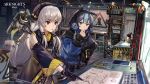  2girls arknights blue_eyes blue_hair csyday glaucus_(arknights) gloves gray_hair hoodie logo long_hair ponytail red_eyes weedy_(arknights) 