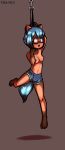  anthro asphyxiation belt blue_body blue_eyes blue_fur blue_hair bodily_fluids bottomwear brand_new_animal breasts brown_body brown_fur canid canine clothing dying e254e english_text female fur hair hanged hi_res mammal michiru_kagemori navel open_mouth raccoon_dog rope short_hair shorts small_breasts solo struggling studio_trigger tan_body tanuki tears text tongue tongue_out 