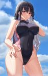  1girl adjusting_clothes adjusting_swimsuit asato_mai ass_visible_through_thighs backlighting bangs black_hair black_swimsuit blue_sky blush breasts cloud competition_swimsuit contrapposto covered_navel cowboy_shot day dripping drying drying_hair eyebrows_visible_through_hair groin hair_between_eyes hand_up highleg highleg_swimsuit highres hip_bones holding holding_towel impossible_clothes impossible_swimsuit long_hair medium_breasts one-piece_swimsuit original outdoors parted_lips purple_eyes sideboob sky solo standing sunlight swimsuit towel turtleneck wet wet_clothes wet_hair wet_swimsuit 