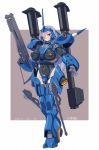  1girl breasts covered_navel dated gun gundam gundam_0080 hair_over_one_eye highres holding holding_gun holding_weapon holstered_weapon horns kampfer_(mobile_suit) large_breasts leotard looking_at_viewer looking_down michi_kuso one_eye_covered open_hand personification signature single_horn skin_tight solo standing weapon 