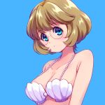  1girl blue_background blue_eyes blush breasts brown_hair cleavage collarbone highres ichinose_minori looking_at_viewer medium_breasts precure round_eyewear sayousuke shell shell_bikini short_hair simple_background solo tropical-rouge!_precure upper_body 