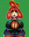  animal_crossing anthro big_breasts blush bodily_fluids breasts canid canine canis cleavage clothed clothing collar domestic_dog female fur green_background green_eyes hair hands_behind_back hi_res huge_breasts isabelle_(animal_crossing) isolatedartest looking_at_viewer mammal nintendo nipple_outline open_mouth shih_tzu simple_background smile solo standing sweat thick_thighs tongue toy_dog video_games wide_hips yellow_body yellow_fur 