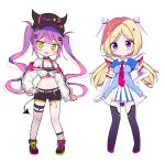  2girls absurdres aki_rosenthal blonde_hair blush bokkun_(doyagaobyo) chibi demon_girl green_eyes hand_on_hip highres hololive long_hair looking_at_viewer multiple_girls purple_eyes purple_hair simple_background smile symmetrical_pose symmetry tokoyami_towa twintails virtual_youtuber white_background 