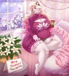  2020 anthro beverage big_breasts blonde_hair blue_eyes breasts christmas cleavage cleavage_cutout clothed clothing curvy_figure english_text felid female fingers flower fur hair hand_on_leg hand_on_thigh hi_res highlights_(coloring) holidays huge_breasts inside legwear long_hair mammal marzipan_(spottedtigress) open_mouth overweight overweight_anthro overweight_female pantherine panties pink_body pink_fur pink_highlights plant signature sitting slightly_chubby snow solo spottedtigress stockings striped_body striped_fur stripes sweater text thick_thighs thigh_highs tiger topwear underwear voluptuous window 
